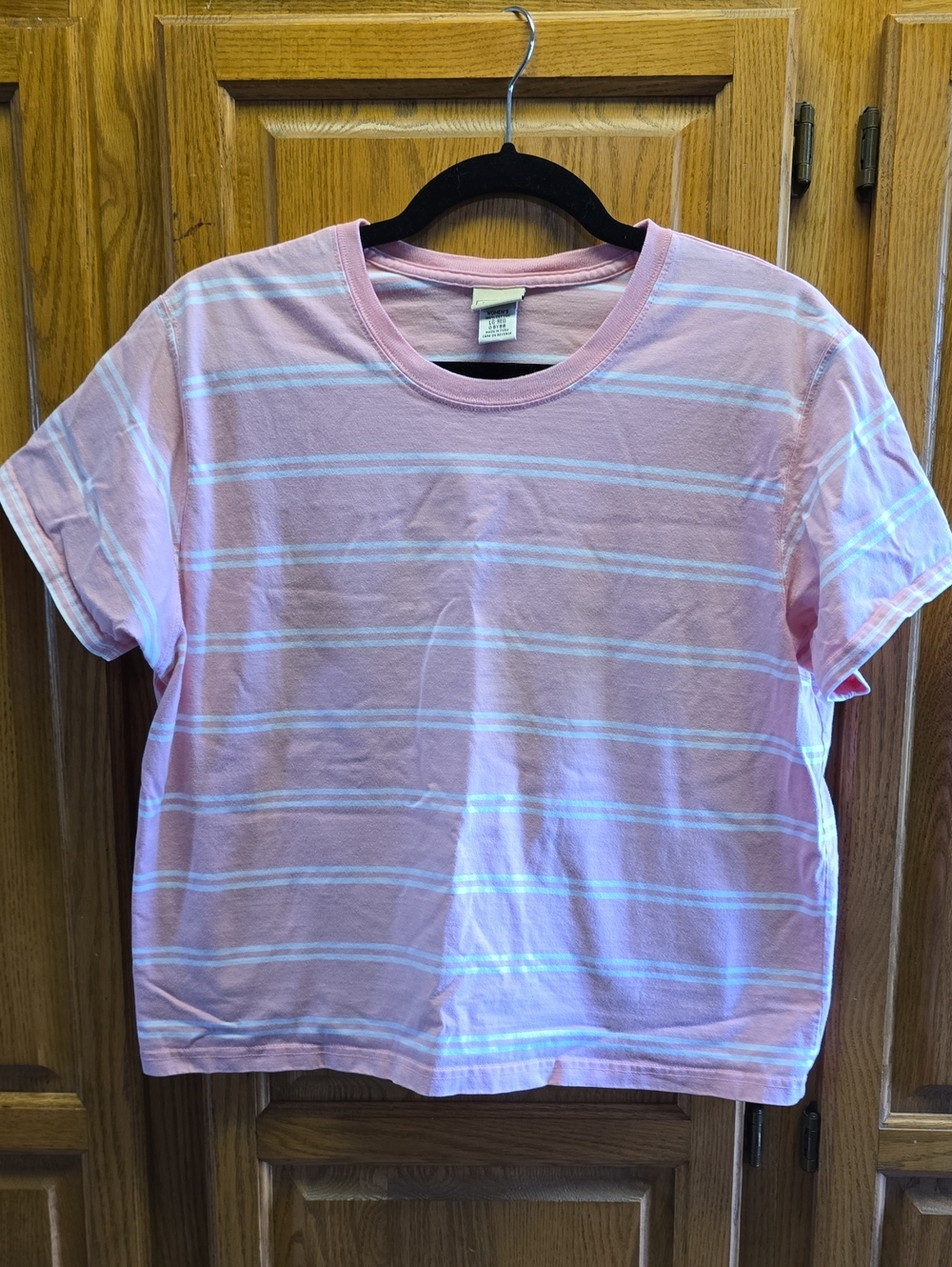 L.L. Bean Pink and White Striped Cropped Short Sleeve 100% Cotton Tee
